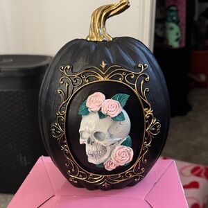 Wooden Carved Black Pumpkin with Skull and Roses Decor